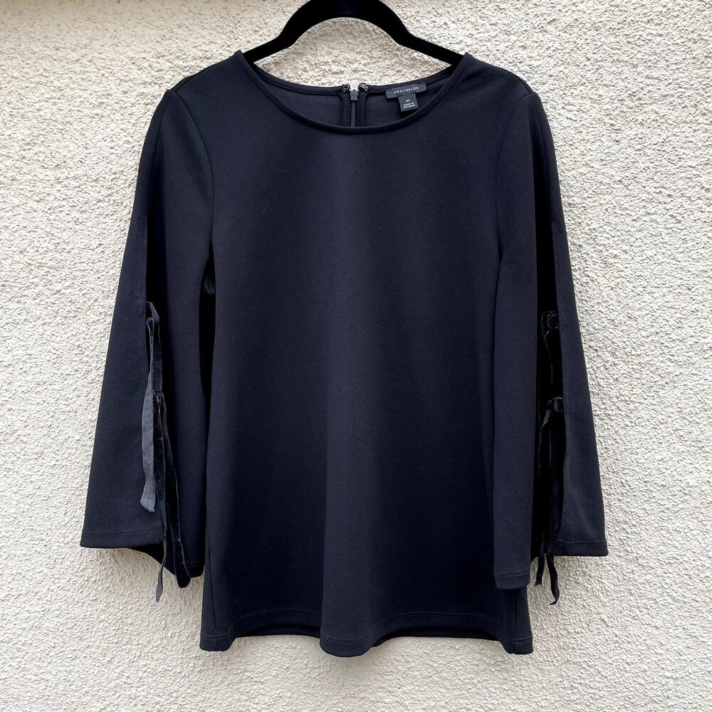 Ann Taylor 3/4 Sleeve Black Blouse XS Open Sleeves Velvet Ties